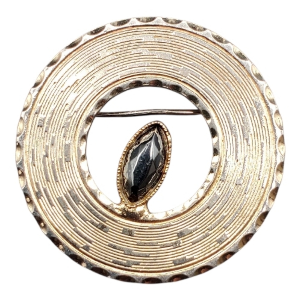 Mid-Century Modern Gold-Tone Brooch With Hematite Stone